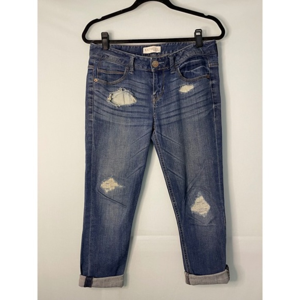 Express Womens Mid‎ Rise Distressed Cuffed Jeans Blue Size 0